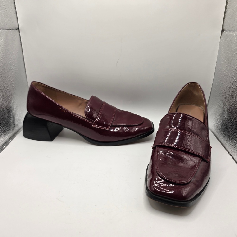 Linea Paolo Burgundy Patent Leather Block Heel Penny Loafers Square Toe Size 8